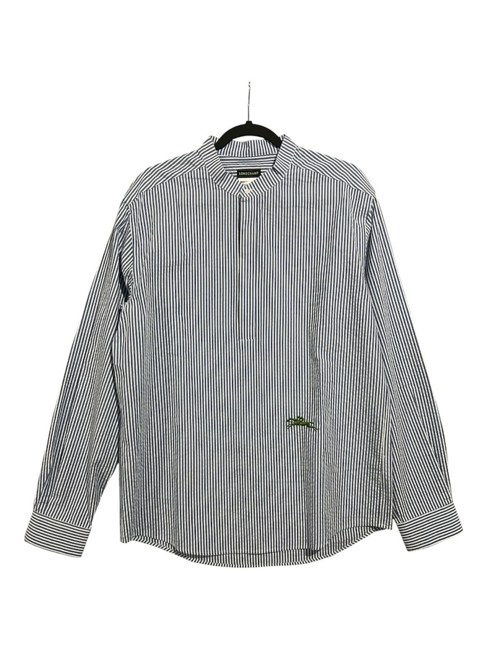 Longchamp Shirt Men’s Large Blue White Vertical Striped Band-Collar Long Sleeve